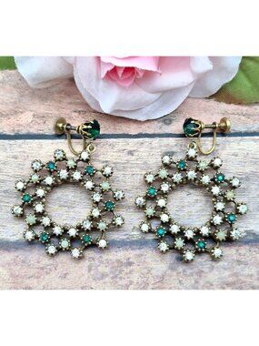 Vintage Gold-Tone Screw Back Dangle Statement Earrings Wreath Round Green Stones